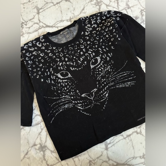ARMANI EXCHANGE Black Gray Leopard Face Knit Pullover  Top M, Rare, Preppy, Logo - Picture 1 of 12